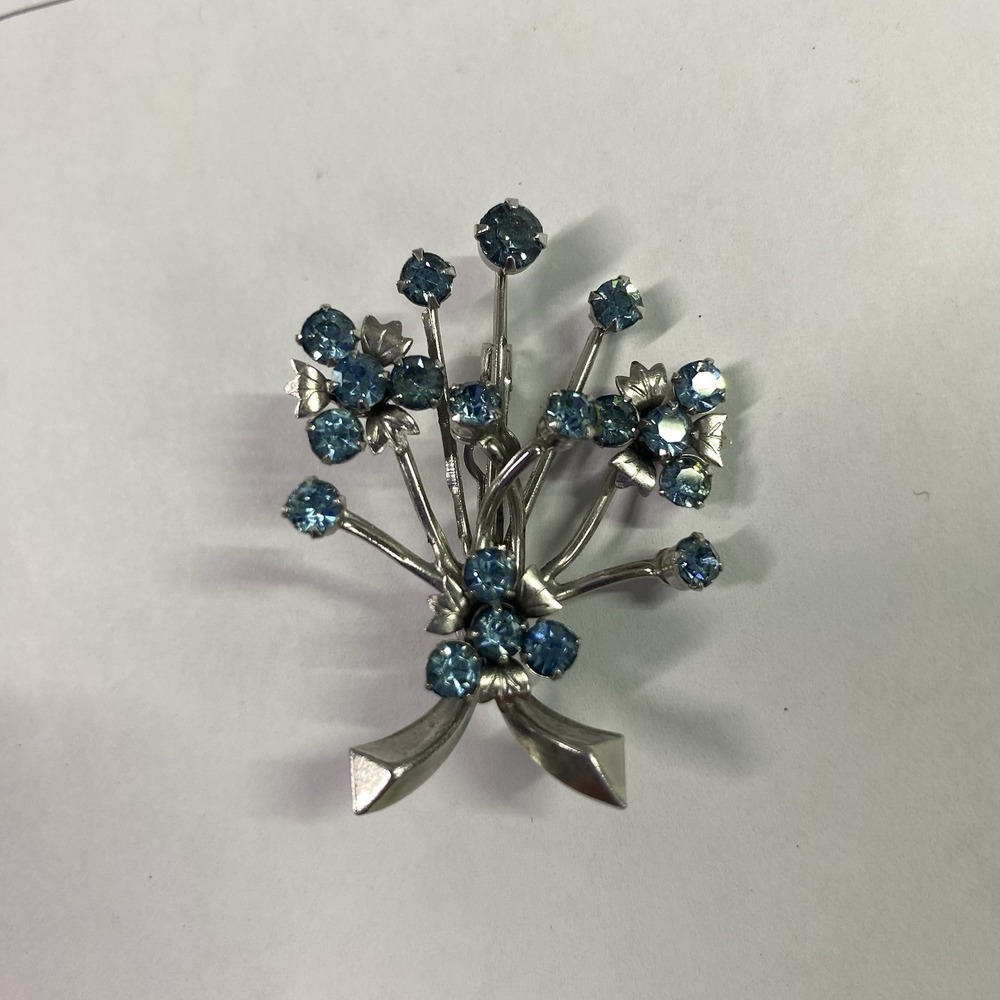Vintage Rhinestone Flower Bouquet Brooch Silvertone Wedding Something Blue EUC
